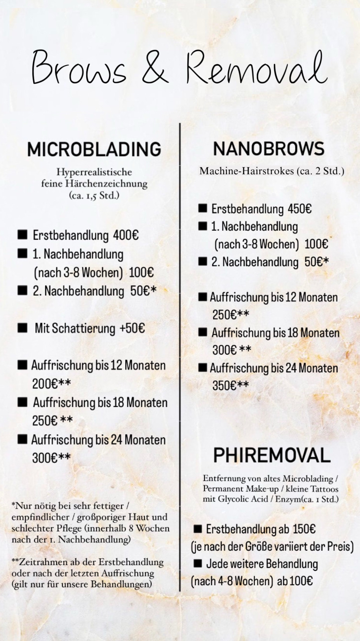 Brows & Removal Preisliste